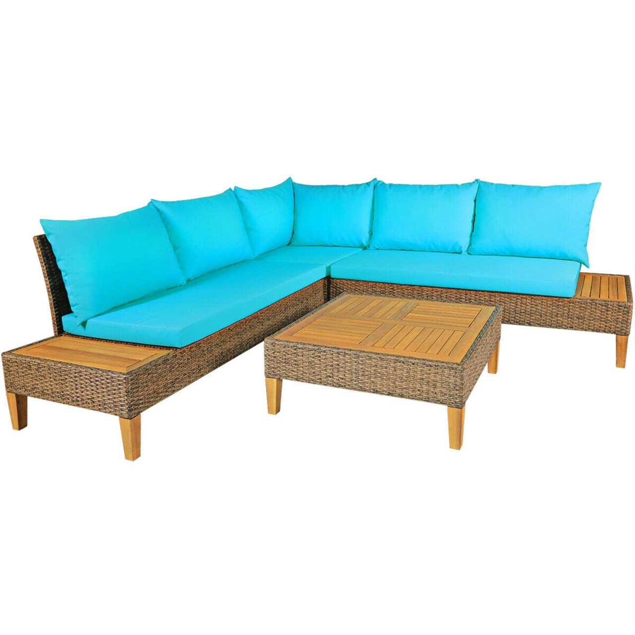 4 Pieces Patio Rattan Furniture Set with Wooden Side Table-Turquoise